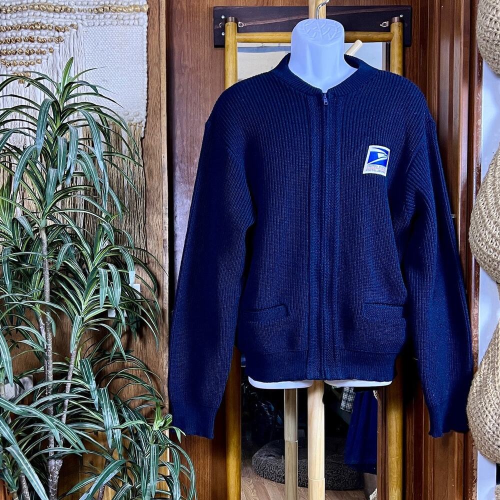 USPS Letter Carrier Sweater Mens L Navy SFKM Full Zip Cardigan Uniform Made USA